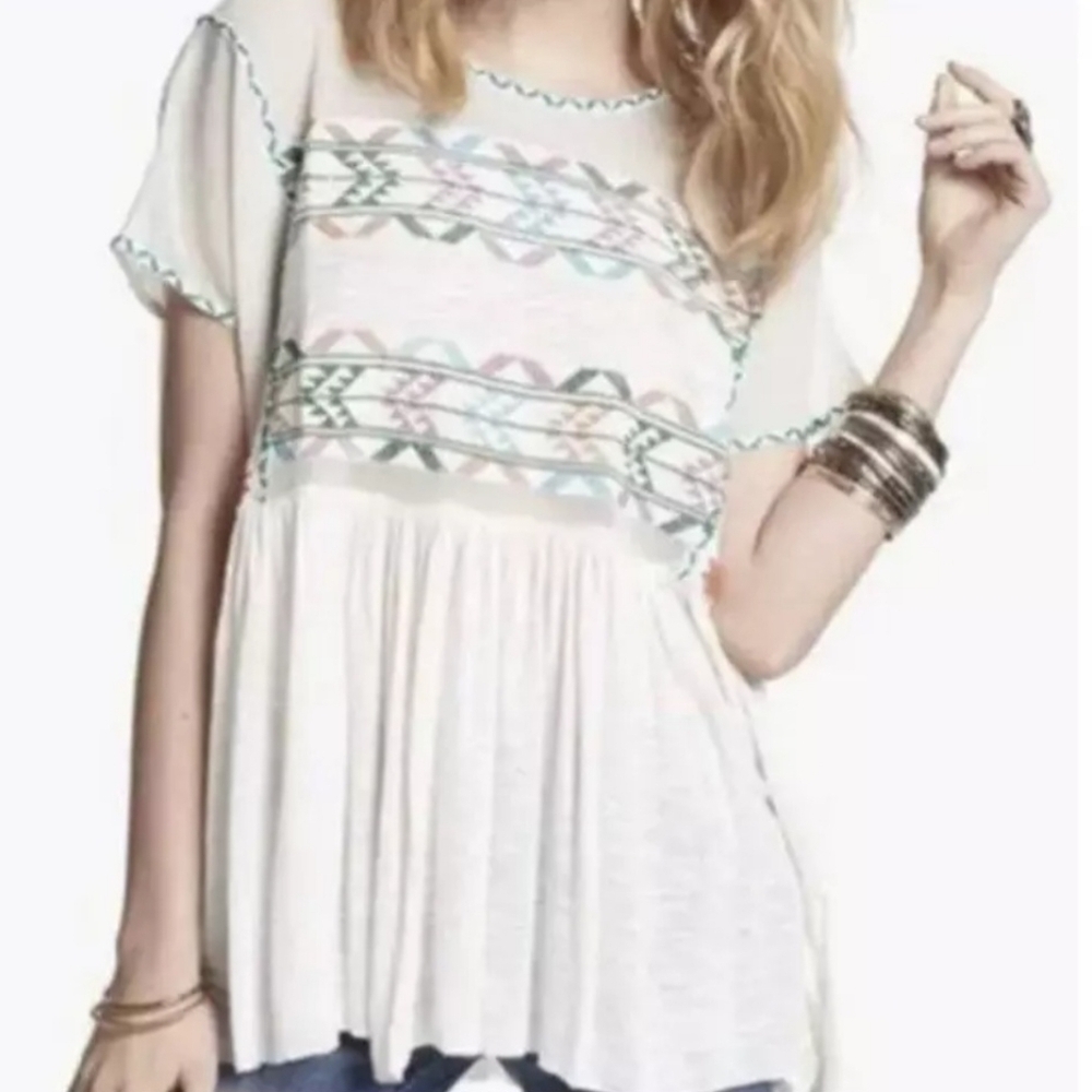 ✨FREE PEOPLE✨ Shenandoah Geometric Print Short Sleeve Babydoll Ivory Top Size XS - Picture 9 of 9